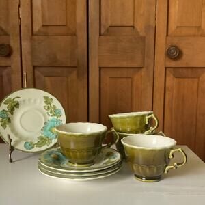 Vintage Vernonware by Metlox Olive Green & Blue Cups & Saucers, Set of 4